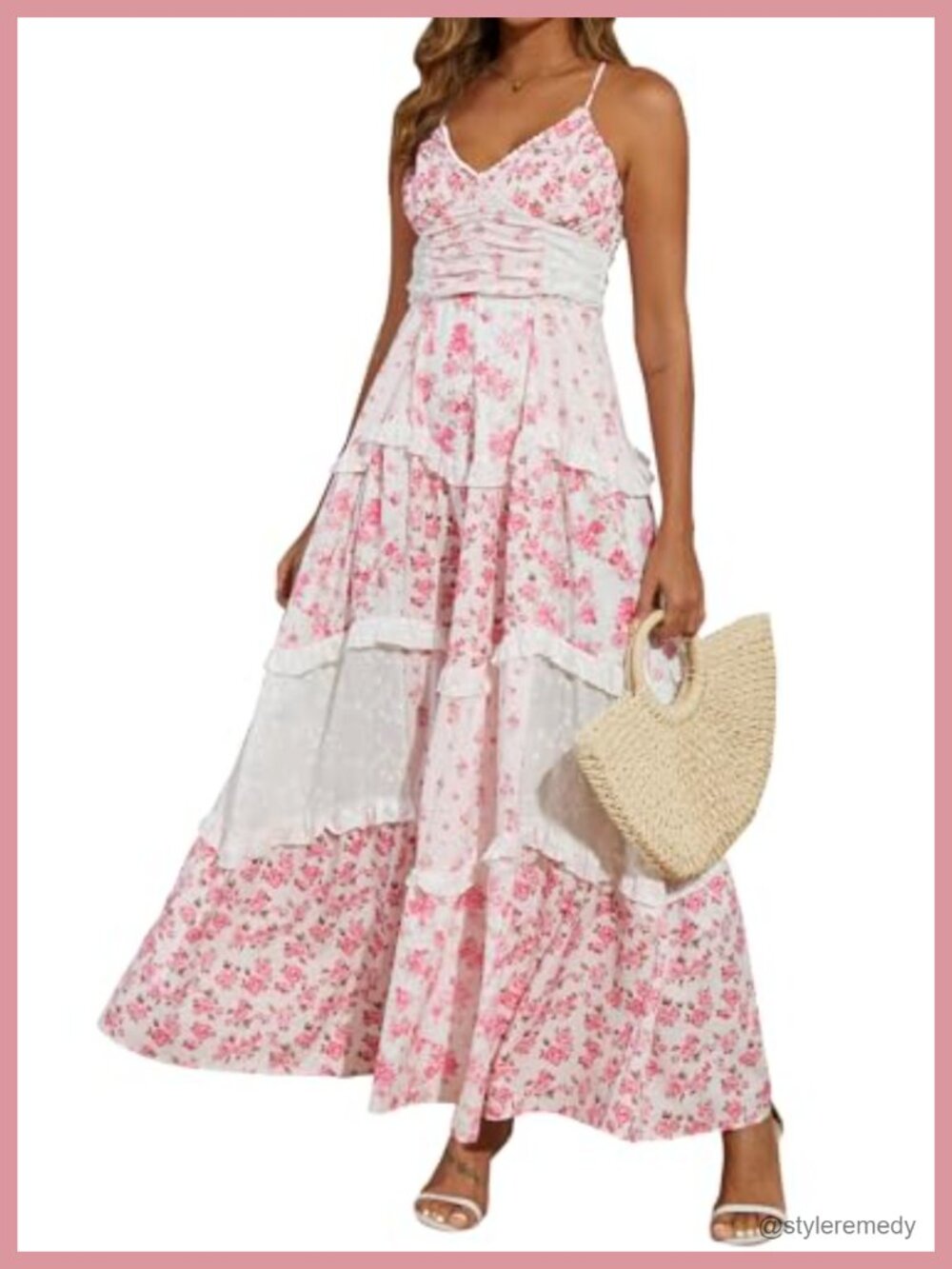 Women Floral Maxi Dress Spaghetti Strap V Neck Lace Tiered Boho Beach